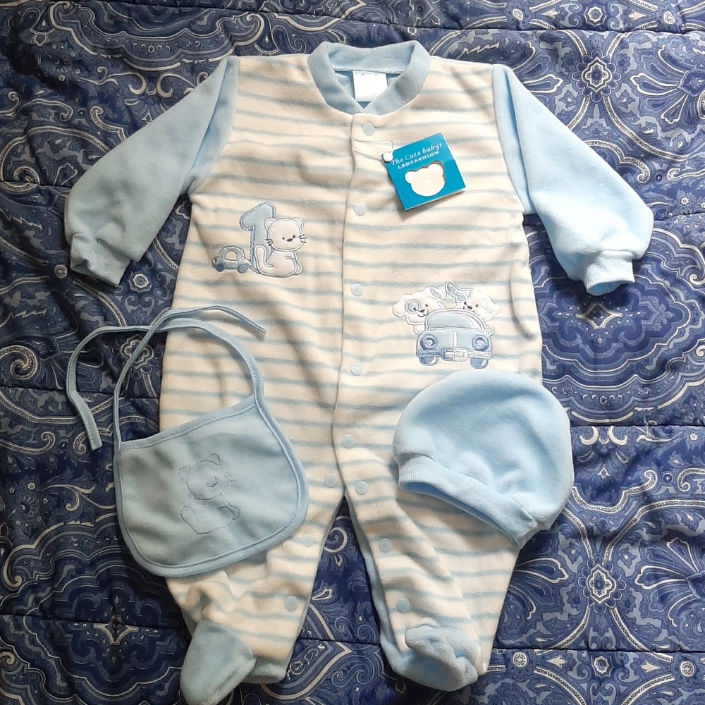 French Striped Footie, Hat and Bib Set